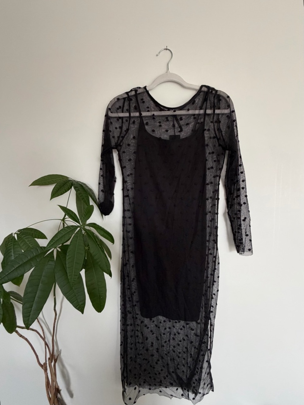 Dynamite Sheer Polka Dot Mesh Midi Dress | Black Layered Illusion Dress | Small